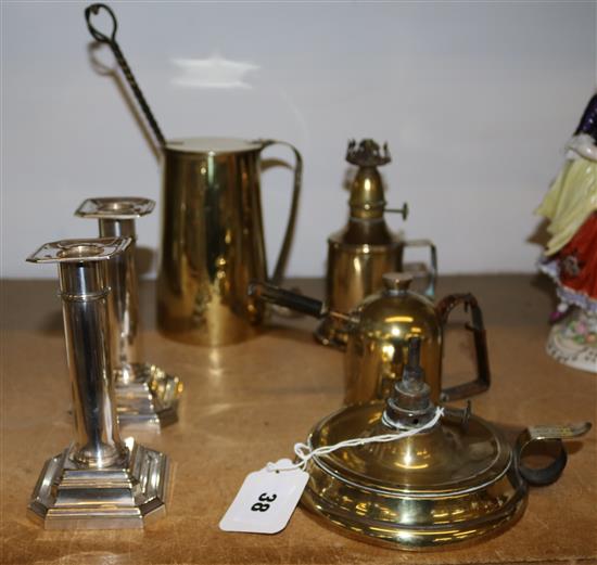 Brass blow torch, pair plated candle sticks, jug etc